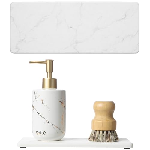 "2PCS Water Absorbing Stone Drying Tray for Kitchen Counter & Bathroom Sink, Diatomite Faucet Splash Guard, Soap Dispenser Rack & Sponge Holder Caddy Organizer, Marble White (Printed Pattern), 9""x 3.5"""