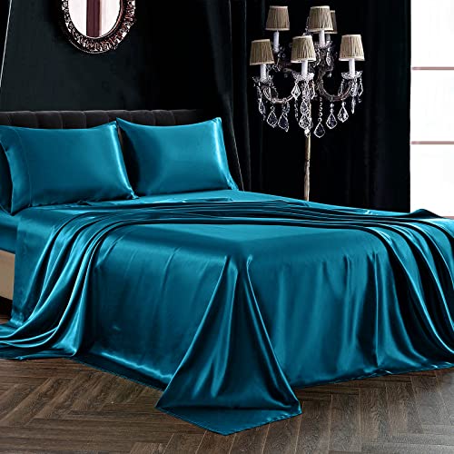 SiinvdaBZX 4Pcs Satin Sheet Set Full Size Ultra Silky Soft Teal Satin Full Bed Sheets with Deep Pocket, 1 Fitted Sheet, 1 Flat Sheet, 2 Envelope Closure Pillowcases