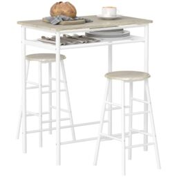 HOMCOM Breakfast Bar Table Set, 2 Stools, Storage Shelf, White and Oak