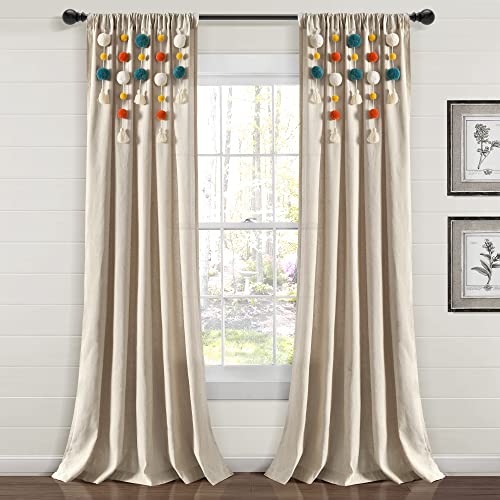 "Lush Decor Boho Pom Pom Tassel Linen Window Curtain Panel (Single Panel), 84"" L x 52"" W, Turquoise & Orange"