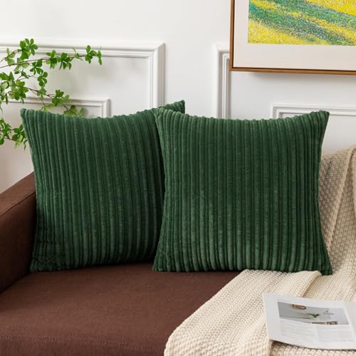 Kevin Textile Soft Corduroy Throw Pillow Covers Pack of 2 Plush Striped Decorative Square Cushion Covers Accent Boho Home Decor for Couch Sofa Bed Festivals Gift 20x20 Inch, Christmas Green