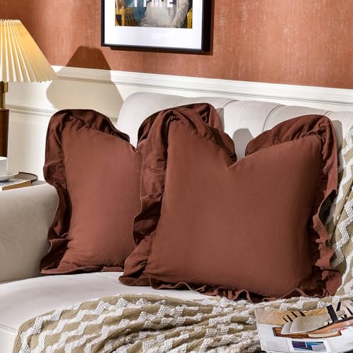 AmHoo Pack of 2 Throw Pillow Covers 100% Cotton Pre Washed Ruffle Decorative Pillowcase Cushion for Couch Sofa Bedroom 20 x 20-Inch Brown