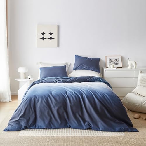 SUSYBAO 100% Cotton Duvet Cover Queen 3 Pieces Set 1 Aesthetic Ocean Blue White Duvet Cover with Zipper Ties 2 Pillow Cases Modern Gradient Navy Blue Bedding Set Soft