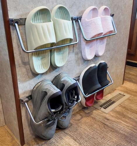 "Wall Mounted RV Shoe Storage Rack Foldable Camper Accessories for Inside Organizer 12"" Aluminum Hanging Trailer Shelf Space Saving Sandals Boots Holders 4 Pack"
