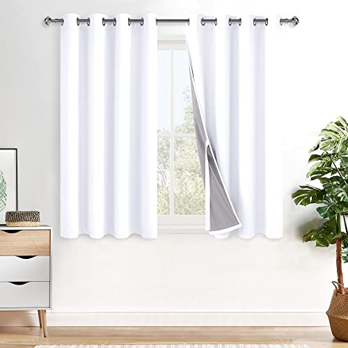 XWZO 100% Blackout Curtains with Tiebacks- 2 Thick Layers Completely Shaded Window Treatment Thermal Insulated Lined Drapes with Grommets for Bedroom/Laundry Room, White, W52 x L45, Set of 2 Panels