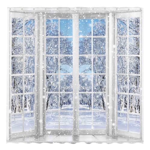Allenjoy 72x72 inch Winter French Window Shower Curtain Beautiful Nature Snowy Scenery Bathroom Curtain Durable Waterproof Fabric Bathtub Sets Home Decor
