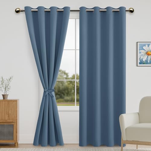 DWCN Blackout Curtains for Bedroom with Tiebacks - Room Darkening Privacy Grommet Top Window Curtains for Living Room, 52 x 96 inch Length, Airy Blue, Set of 2 Panels