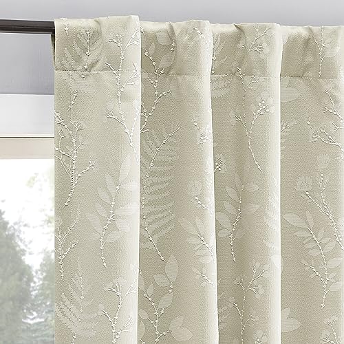 "Sun Zero Ambridge 2-Pack Embroidered Botanical Leaf Pleated Look 100% Blackout Back Tab Curtain Panel Pair, 50"" x 84"", Cream"