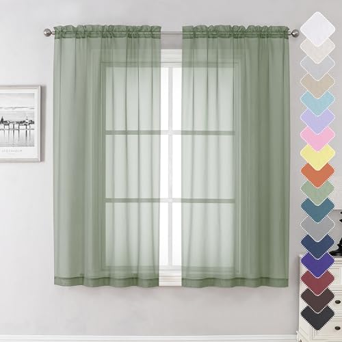 "Lecloud Sage Green Sheer Curtains 63 Inch Long 2 Panels, Elegant Voile Drapes for Dinning Small Windows, Light Filtering Voile Curtain for Living Room Bedroom Bathroom, Dual Rod Pocket, 40"" Wx63 L"
