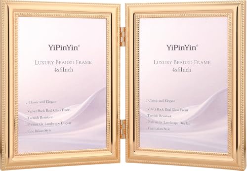 YiPinYin Classic Gold Plated 4x6'' Double Picture Frame,Metal Beaded Design,Real Glass Front and Premium Soft Velvet Backing,for Tabletop or Shelf Display,Home Decor