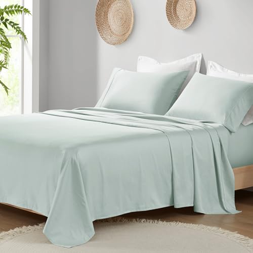 "Madison Park Organic Cotton Sheet Soft & Breathable 300TC Cotton Sheets, Elastic Deep Pocket Sheet Set Fits Up to 18"" Mattress, All Seasons, Lightweight, 100% Cotton Bed Sheets, Queen Aqua 4 Piece"