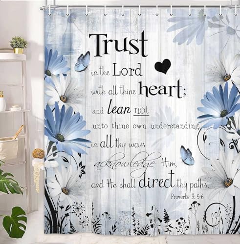 Bible Verse Inspirational Quote Shower Curtain, Blue Floral Daisy Trust in The Lord Waterproof Fabric Shower Curtain, Rustic Farmhouse Butterfly Bathroom Shower Curtain with 12PCS Hooks, 70X70IN