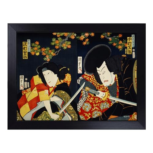Lap Tray with Bean Bag Cushion, Two Actors With Samurai Swords By Toyohara - Handmade in the UK, Raised Wooden Edge, Padded Cushion, Heat-Resistant Wipe-Clean Surface, for Meals, Laptops and Crafts