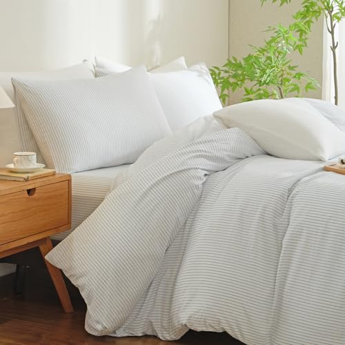 MWL Toy Striped Duvet Cover Set Full Size 3 Pcs Breathable Durable 100% Washed Cotton Comforter Cover for All Seasons Chic Linen Like Textured Bedding Set (White Light Blue Pinstripes, Full)