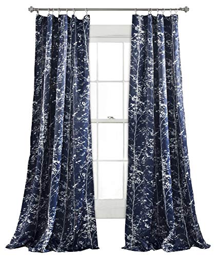 Lush Decor Forest 84 X 52 1 Curtains-Tree Branch Leaf Darkening Window Panel Drapes Set for Living, Dining, Bedroom (Pair), 84 in x 52 in, Navy