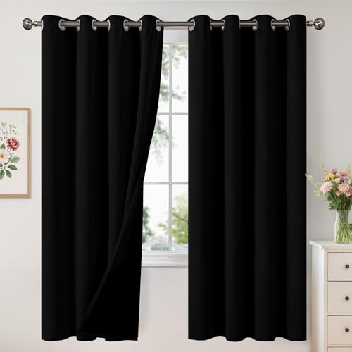 YoungsTex 100% Blackout Curtains 72 Inch Length, Grommet Thermal Insulated Drapes for Bedroom Full Room Darkening Privacy Thick Blinds with Liner, Black, 2 Panels, 52 X 72 Inch