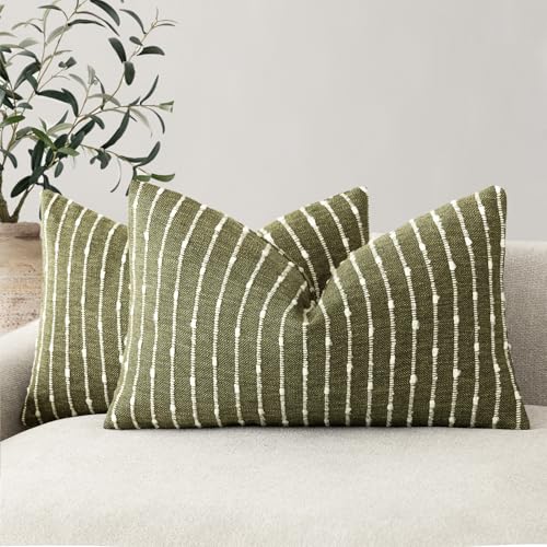 Foindtower Pack of 2 Decorative Jacquard Boucle Lumbar Throw Pillow Covers Accent Textured Striped Pillowcases Cozy Boho Cushion for Couch Sofa Bedroom Living Room Home Decor 12x20 Inch Olive Green