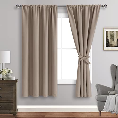 JIUZHEN Blackout Curtains for Bedroom - Curtain Drapes Set of 2 Panels with Tiebacks, Thermal Insulated Room Darkening Noise Reducing, 42 x 72 Inch Curtains for Living Room, Camel