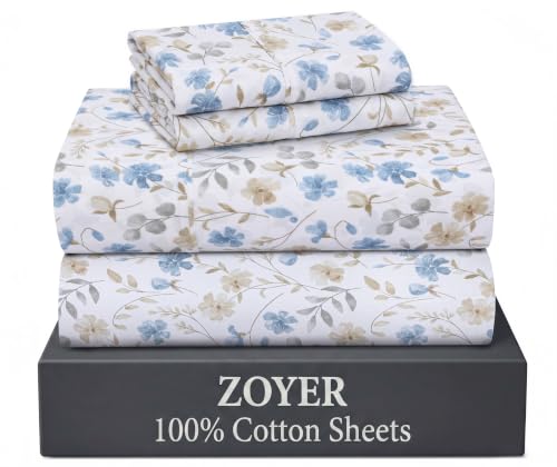 "ZOYER 100% Cotton Sheets - Cooling & Crisp Percale Sheets King Size, 16"" Deep Pockets Bed Set, Lightweight & Breathable, Durable, 4 Pieces, Country Coast"