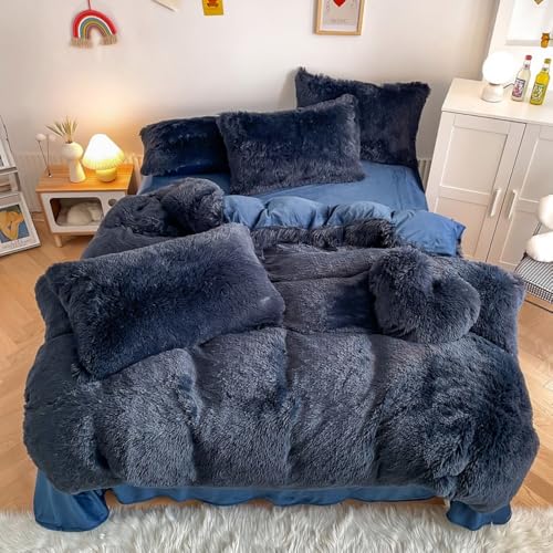 chovy Faux Fur Plush Navy Blue Comforter Sets Twin/Full Size - Ultra Soft Shaggy Flannel Velvet Fluffy Fuzzy 3PC Bedding Set ???Comforter x 1 Pillowcases x 2???