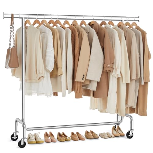 SONGMICS Clothes Rail on Wheels, Tidy Rails Steel 130 kg Load Capacity - Heavy-Duty Clothes Rack, Extendable Hanging Rail, (110-150) x 45 x 162.9 cm, Silver, PATAYE Collection HSR11S