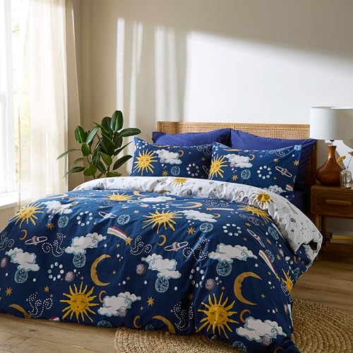 Their Nibs Disco Space Cotton Reversible Super King Duvet Cover Set with Pillowcases Navy Blue