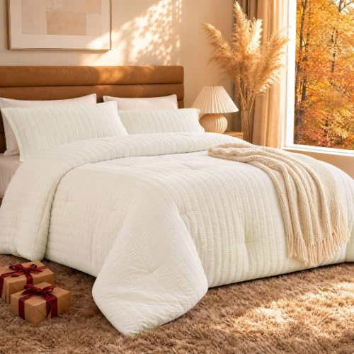 "Quataly Oversized Queen Comforter Set 3PCS Seersucker Lightweight Bed Set for All Season,1 Elegant Cream White Comforter (98""x98"") and 2 Soft Pillowcases (20""x30"")"