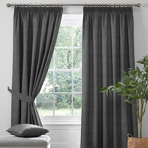 "Dreams & Drapes - Charcoal Grey Blackout Pencil Pleat Curtains W46 x L72"" (117 x 183cm) - 2 Tie Backs Included - Heavy Weight Thermal Soundproof for Bedroom/Living Room"