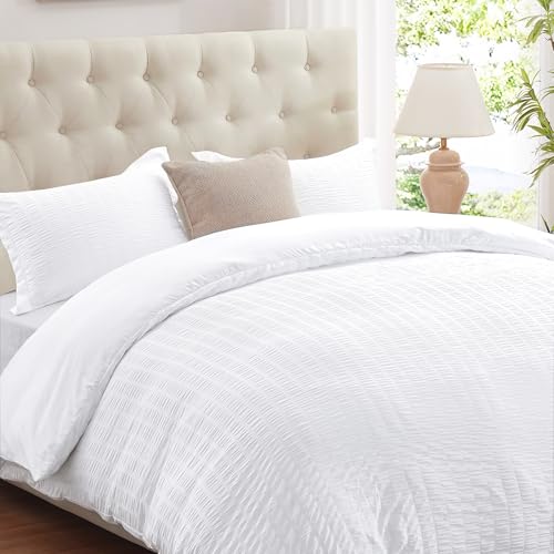 "Cozyide White Duvet Cover Queen Size, 3 Pieces Bedding Duvet Covers, Soft Breathable Seersucker Duvet Cover Set with Zipper Closure and Corner Ties (1 Duvet Cover 90""x90"" + 2 Pillow Shams 20""x26"")"