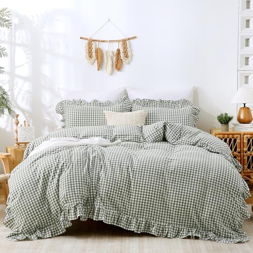 "ATsense Green Gingham Duvet Cover Bedding Set 100% Washed Cotton Like Linen Feel Soft Breathable 3 Pcs Plaid Checkered Cute Ruffle Comforter Cover Set (Full 80""x90"", No Comforter)"