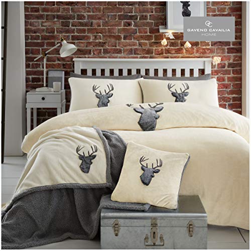 Gaveno Cavailia Teddy Fleece Stag Head Duvet Set King Natural/Grey, Super Soft Fluffy Warm Cosy Bedding, 3 Piece Bedset, Easy Care DuvetCover Bedlinen, 1 Quilt Cover and 2 Pillow Cases