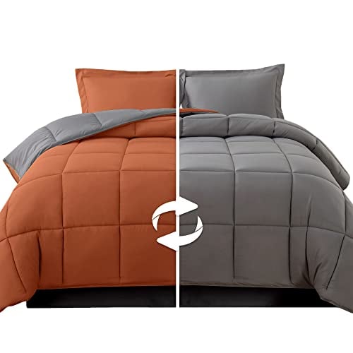 Elegant Comfort 3-Piece Reversible Comforter Set, All Season Cozy, Soft Down Alternative, Quilted - Box Stitched - Duvet Insert with 4 Corner Tabs, Comforter with Shams, Twin XL, Coral/Gray