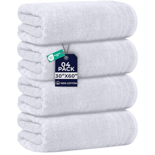 Dan River Bath Towels Set of 4, 30 x 60 Inches, 100% Cotton, Larger & Lighter Weight, Quicker to Dry, Super Soft and Absorbent, Ideal Hotel Towels for Daily Use, White