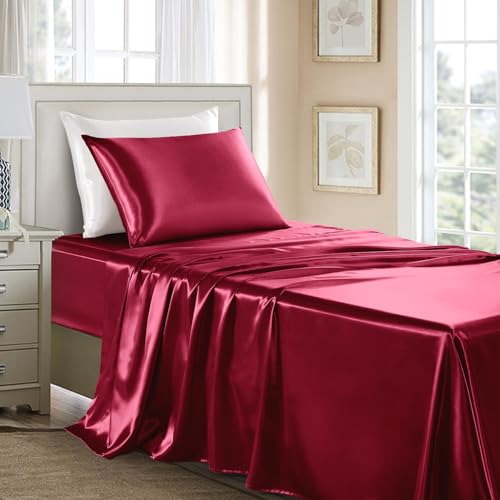 GOLAL Satin Bedsheet Twin XL Size - 3 Pieces Luxury Silky Soft Bed Sheets, Wrinkle-Free Burgundy Satin Silk Sheet Set with 1 Deep Pocket Fitted Sheet, 1 Flat Sheet, 1 Pillow case