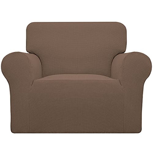 Easy-Going Stretch Sofa Slipcover 1-Piece Sofa Cover Furniture Protector Couch Soft with Elastic Bottom Kids, Spandex Jacquard Fabric Small Checks(Chair,Brown)