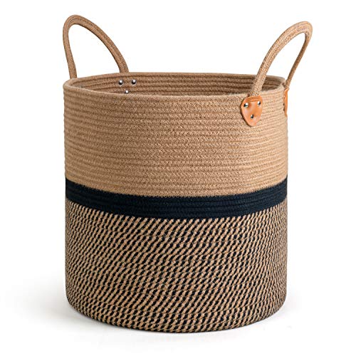 "CHICVITA Extra Large Jute Woven Storage Basket with Handles ??? Laundry Basket Toy Towels Blanket Basket Home Decor Gift, 16"" x 16"", Black"