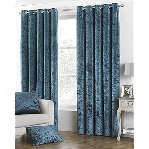"Riva Paoletti Verona Ringtop Eyelet Curtains (Pair) - Teal Blue - Velvet Feel - Crushed Velvet Look - Ready Made - 100% Polyester - 229cm width x 229cm drop (90"" x 90"" inches) - Designed in the UK"