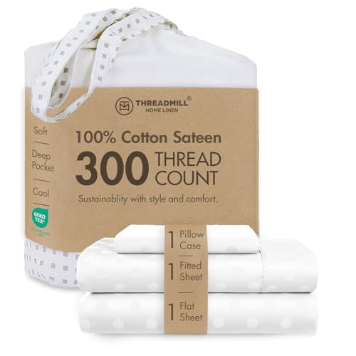Threadmill Home Linen Twin-XL Sheet-Set - Pure Long Staple Cotton, Polka Dot Jacquard Weave, 3 Piece 300 Thread Count Bedding Set, Smooth Hotel White Sheets with Elasticized Deep Pocket