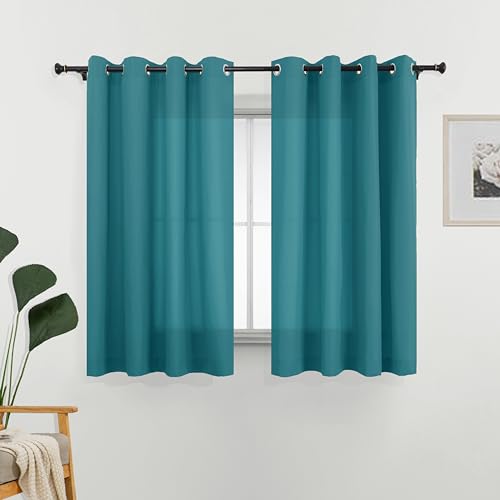 "L.Z.E Non-See-Through Privacy Curtains 63 Inch Length 2 Panels Set, Teal Light Filtering Semi Sheer Curtains for Living Room Bedroom Nursery Grommet Top Short Window Panels (55"" W x 63"" L)"