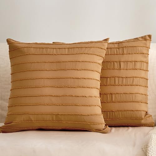 "JELLYMONI 2 Pack Rust Pillowcases 18"" x18"", Soft Microfiber Striped Tufted Pillow Covers(Pillows are not Included)"