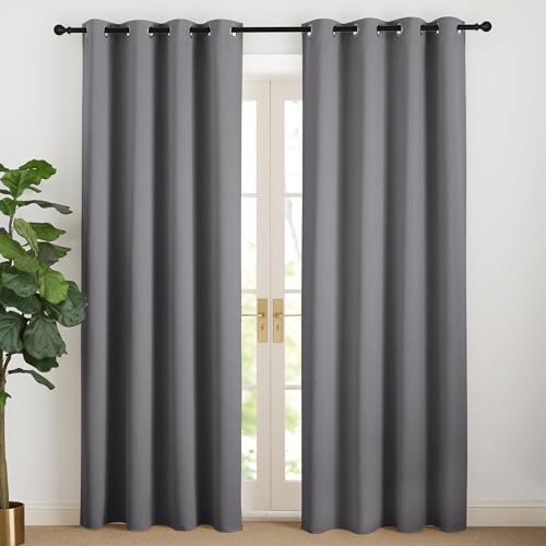 NICETOWN Grey Opaque Thermal Curtain Cold Protection Set of 2 H 220 x W 140 cm Long Blackout Curtain with Eyelets for Living Room/Bedroom