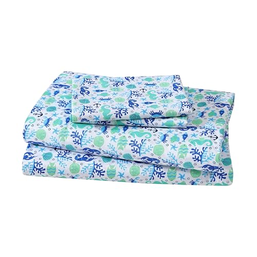 Beatrice Home Fashions Coastal Hotel Collection Easy Care Polyester Sheet Set in Clearwater Aqua Pattern Green, Blue Tropical Sea Life on White (KING)