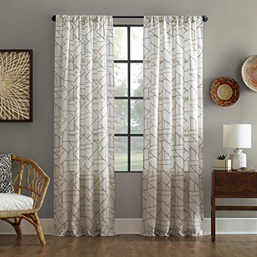 "Archaeo Fragmented Geometric Embroidery Mid-Century Modern Natural Linen Blend Curtain, 50"" x 108"", Gray/Linen"
