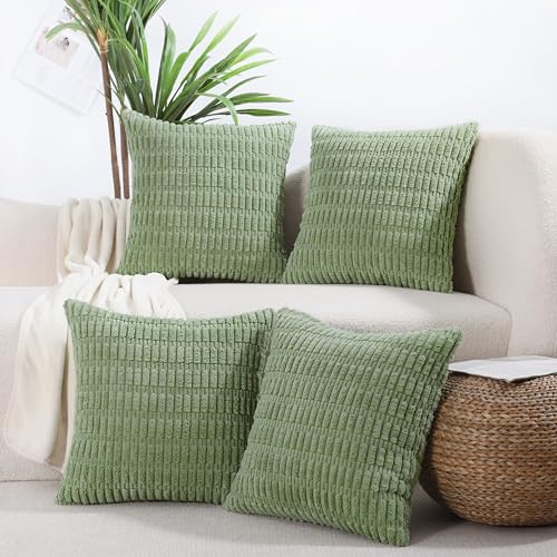 All Smiles Cushion Covers 40x40 cm Set of 4 Decorative Throw Pillow Covers Rustic Boho Farmhouse Home Corduroy Square Cushion Cases for Living Room Couch Bed Sofa,Sage Green