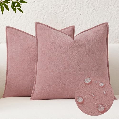 Kevin Textile Waterproof Decorative Pillow Covers Plush Pink 26x26 Inch Pack of 2 Soft Boucle Textured Euro Pillowcases Elegant Accent Pillows for Couch Sofa Chair Bed Home Decor Indoor Outdoor