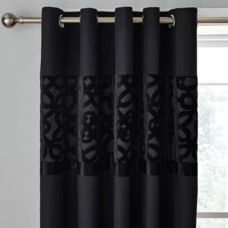 Catherine Lansfield Lattice Cut Velvet 66x72 Inch Lined Eyelet Curtains Two Panels Black