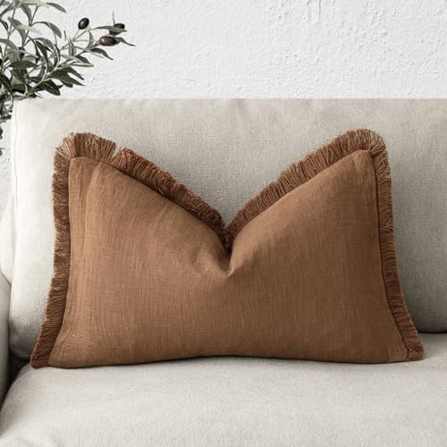 Foindtower Decorative Linen Fringe Lumbar Throw Pillow Covers Cozy Boho Farmhouse Cushion Cover with Tassel Soft Accent Pillowcase for Sofa Bed Living Room Home Decor, 12??20 Inch, 1PC,Orange Brown