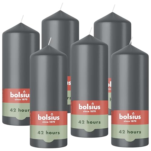 Bolsius - Pillar Candles - Grey - 15 cm - 6 Pieces - Burning Time 42 Hours - with Natural Plant Wax - Without Palm Oil