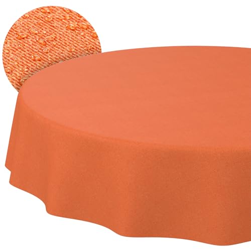 ANRO Washable Tablecloth Orange Linen Look Round Diameter 120 cm Indoor - Weatherproof Garden Tablecloth - Coated Fabric Table Linen - Dirt & Water-Repellent - Easy Care