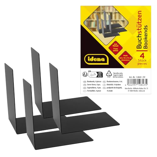 Idena 10843 Bookends Metal Black 4 Book Stands 14 x 14 x 8.5 cm Book Holder for Bookshelves